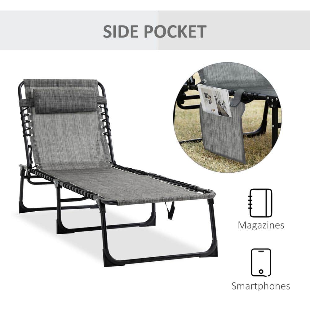 Gray Mesh Armless Folding Chaise Lounge Chair with Pillow