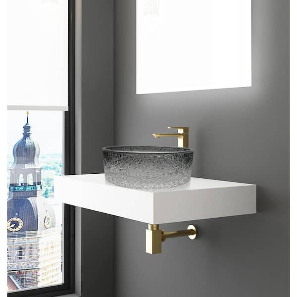 30 in. Wall Mounted Bathroom Countertop Shelf in White Solid Surface with Gradient Black Round Glass Vessel Sink