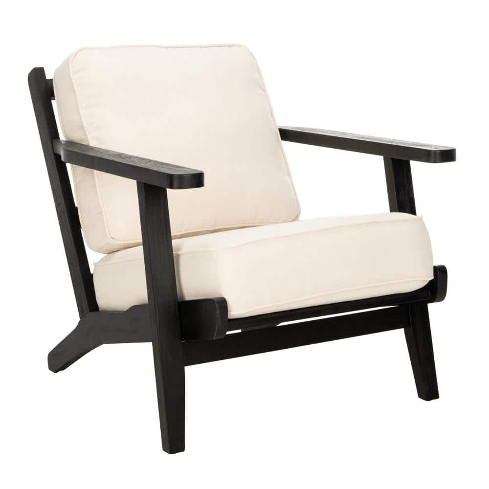 Bone White Linen and Black Oak Mid-Century Arm Chair