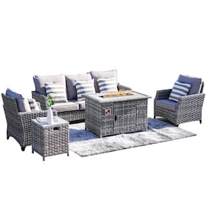 Moda 5-Piece Wicker Patio Conversation Set and Gas Fire Pit Table with Gray Cushions