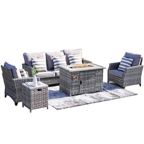 moda furnishings Moda 5-Piece Wicker Patio Conversation Set and Gas Fire Pit Table with Gray Cushions