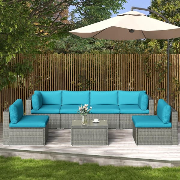 SUNVIVI Outdoor Gray Frame 7-Piece Wicker Outdoor Sectional Set with Light Blue Cushion