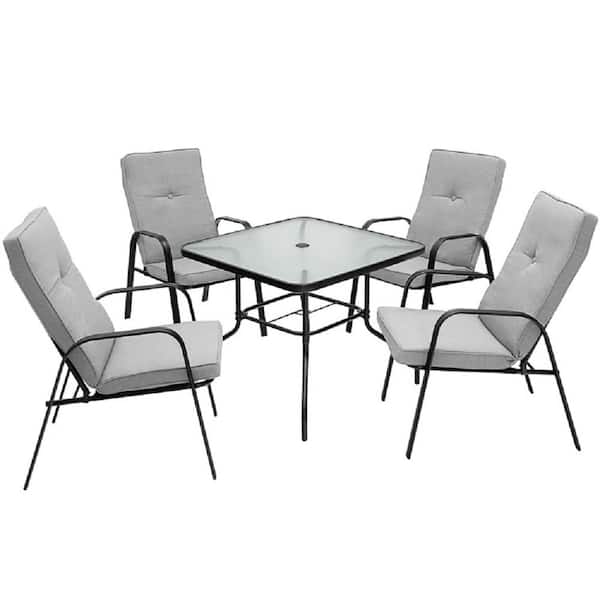 WELLFOR 5-Piece Metal Outdoor Dining Set with Gray Cushion