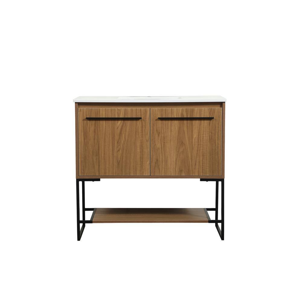 Simply Living 36 in. Single Bathroom Vanity in Walnut Brown with Quartz Van