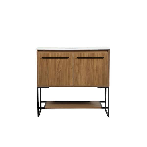 Unbranded Simply Living 36 in. Single Bathroom Vanity in Walnut Brown with Quartz Vanity Top in Ivory White
