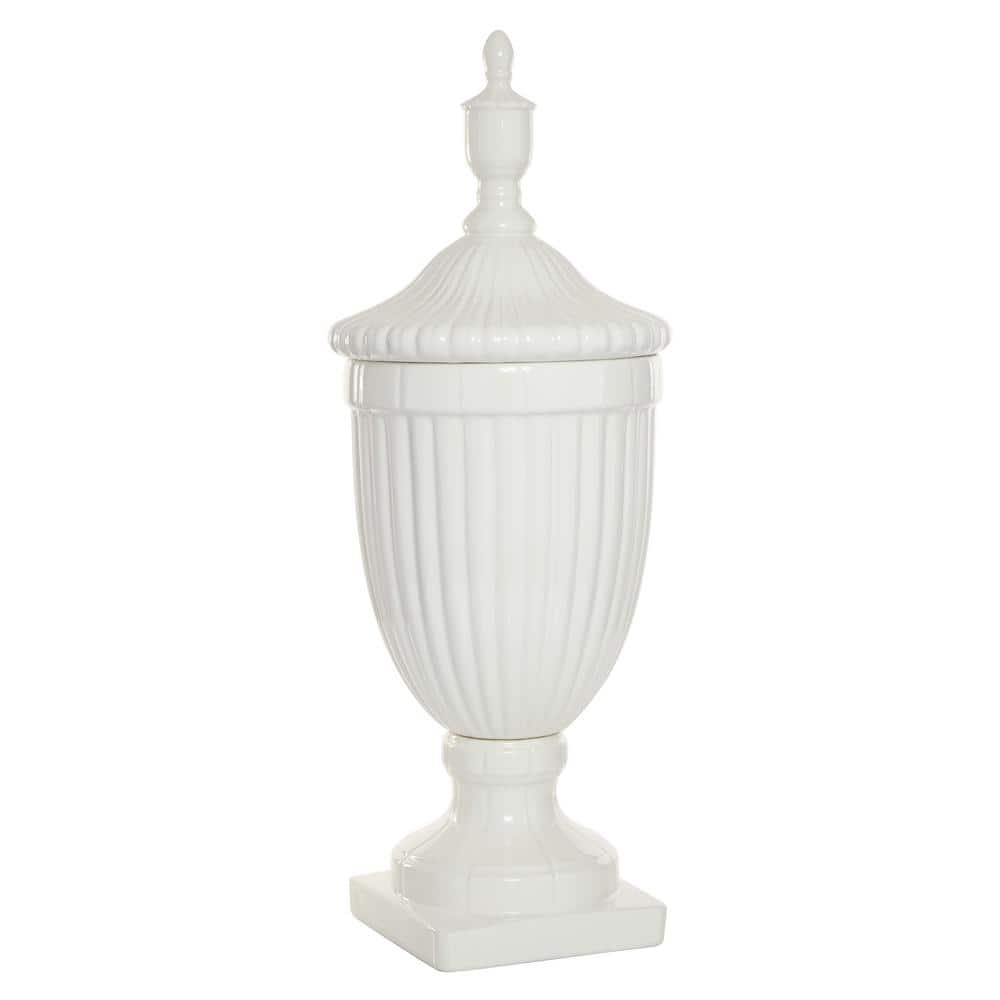 26" White Ceramic Tall Fluted Urn Vase with Lid