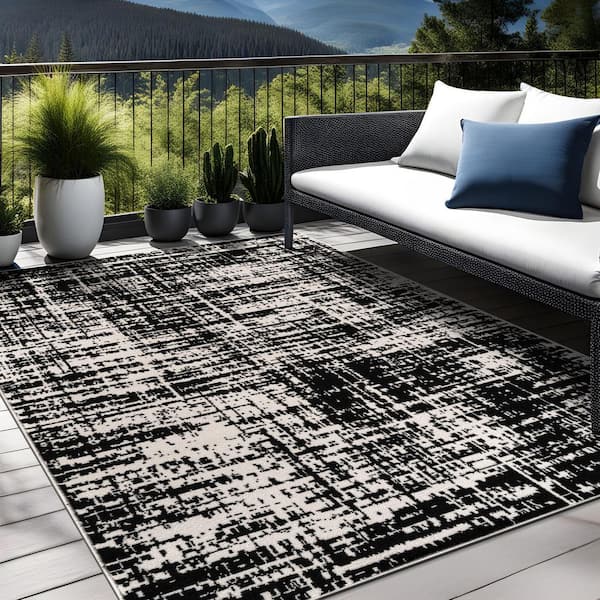 Atlas Black 8 ft. x 10 ft. Rubber Back Washable Modern Canvas Indoor Outdoor Area Rug