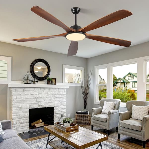 Modern 62 in. Black 5 Wood Blades Downrod Standard Ceiling Fan with LED Light and Remote Included