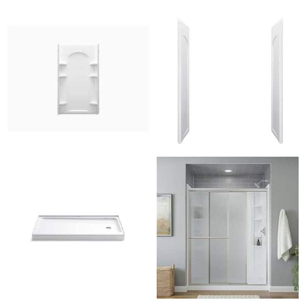 Ensemble Alcove Shower Kit: 60x30 Shower Pan, Sliding Rain Glass Door, 42 in. and 32 in. White Direct-to-Stud Wall Set