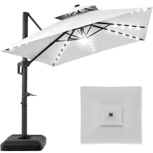 10 ft. Solar LED 2-Tier Square Cantilever Patio Umbrella with Base Included in Fog Gray