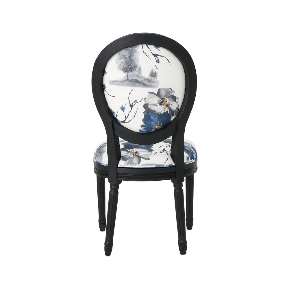 Elegant Noir High-Back Wood Side Chair with Floral Cushion, Set of 2