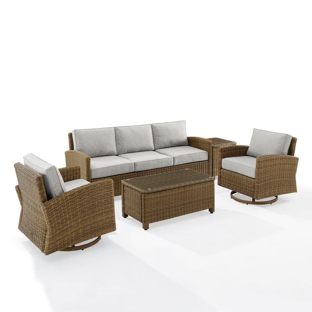 Bradenton Weathered Brown 5-Piece Wicker Patio Conversation Set with Gray Cushions -  CROSLEY FURNITURE, KO70425WB-GY