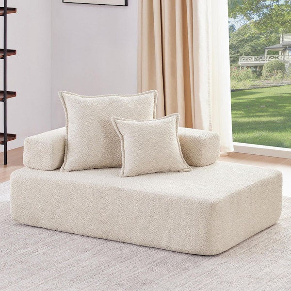 56 in. Square Arm Boucle Fabric Square Compressed Sofa Couch in. Beige