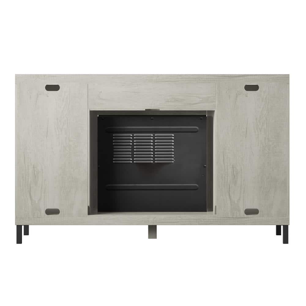 White TV Stand with Electric Fireplace and Mirrored Cabinet Doors