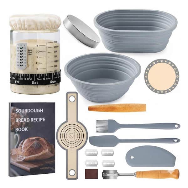 Sourdough Starter Kit w/ 9 in. 10 in. Silicone Baskets 40 oz. Glass Jar Bread Lame Scraper Brush Whisk Thermometer Band
