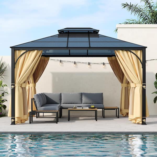 10 ft. x 12 ft. Outdoor Beige Hardtop Gazebo with Heavy Duty Double Roof and Double-Layer Mosquito Netting for Patio