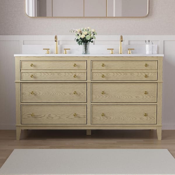 Megan 60 in. Double Sink Freestanding Solid OAK Bath Vanity with Carrera White Quartz Top, Soft-Close Dovetail Drawers