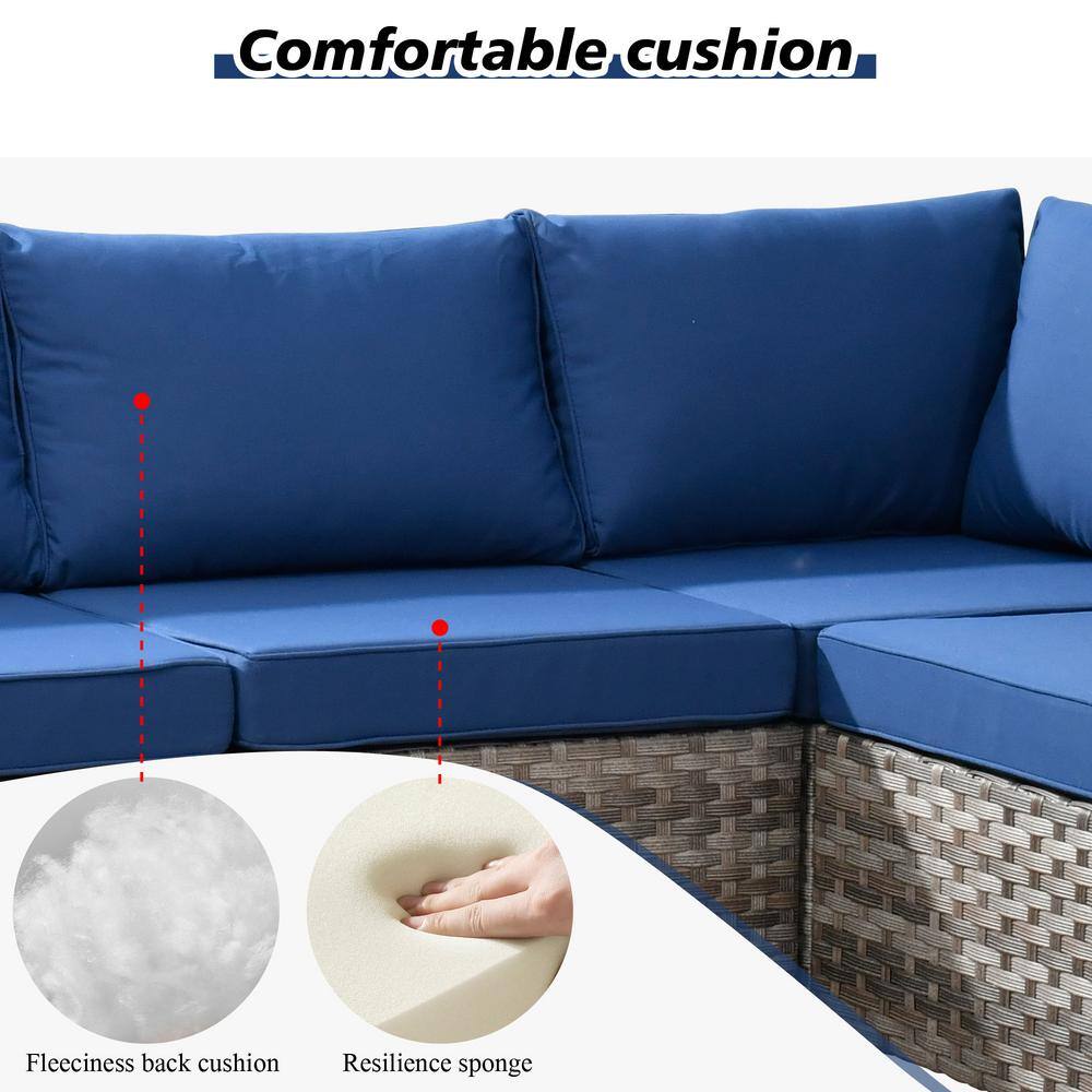 Gray 8-Piece Wicker Outdoor Sofa Set with Navy Cushions