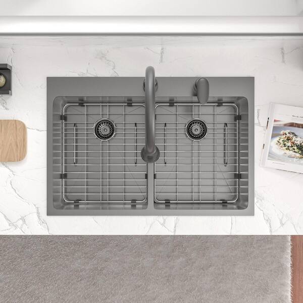 Sarlai 33 in. Drop-in/Topmount 50/50 Double Bowl 16-Gauge Gunmetal