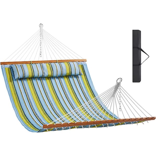 spca Quilted Fabric Hammock 12 ft. Double Hammock with Hardwood Spreader Bars 2 Person Quilted Hammock with Detachable Pillow