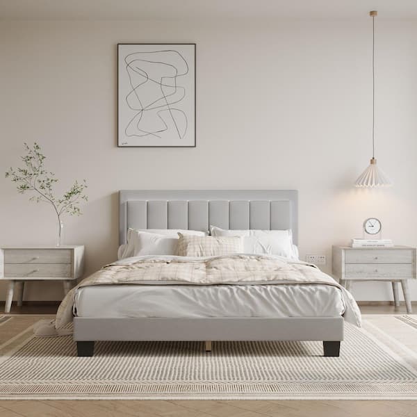 Gray Upholstered and Wood Frame Queen Platform Bed with Tall Headboard, Quiet Slats and Modern Polyester Design