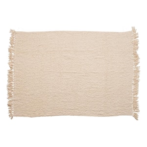Cream Soft Cotton Blend Boucle Throw Blanket with Fringe
