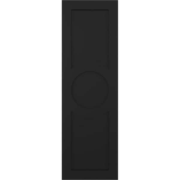 Ekena Millwork True Fit 12 in. x 49 in. PVC Center Circle Arts and Crafts Fixed Mount Flat Panel Shutters, Black (Per Pair)
