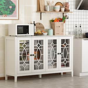Modern White Wood Buffet Sideboard With Storage Cabinet, Glass Doors, and Adjustable Shelves for Kitchen Dining Room