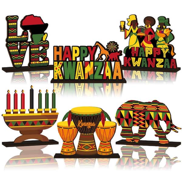 Wooden Kwanzaa Table Decorations for Home Office Desk and Holiday Party Finial Supplies (6-Pack)