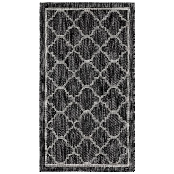 Courtyard Black Charcoal 2 ft. x 4 ft. Border Quatrefoil Indoor/Outdoor Area Rug