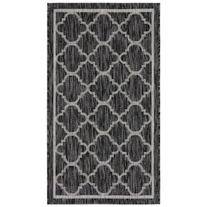 Courtyard Black Charcoal 3 ft. x 5 ft. Border Quatrefoil Indoor/Outdoor Area Rug