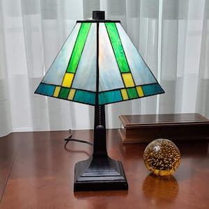Tiffany 14.5 in. Green and Blue Table Lamp with Stained Glass Shade