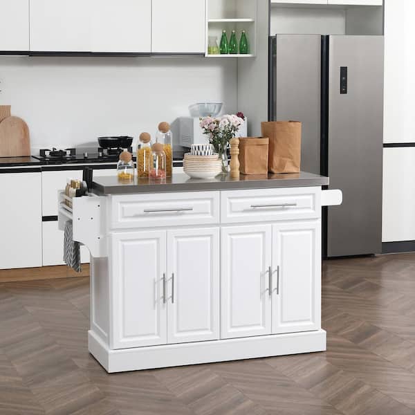 FAMYYT White Stainless-Steel Top 57 in. Kitchen Island with