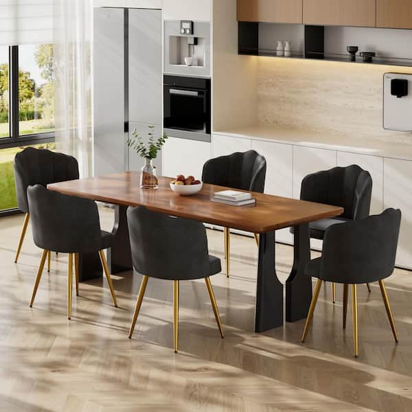Black Velvet Dining Chairs Set of 6, Shell Back Tufted Accent Chair with Gold Legs for Dining Room