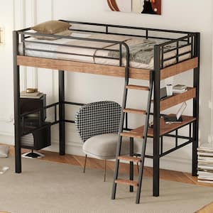 Black and Brown Twin Size Metal Loft Bed with Built-in Wood Desk, Storage Shelf and Sloping ladder