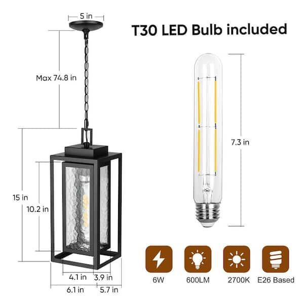 15" Modern Black Outdoor Pendant Light, Metal Frame Hanging Lantern with Water-Ripple Glass for Porch (Bulb Included)