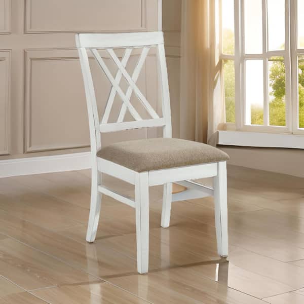 Benjara White and Brown Polyester Wooden Frame Dining Chair (Set of 2)