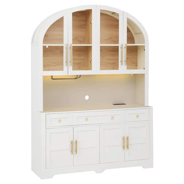 75.8 in White Tall Arched Kitchen Pantry Organizer Storage Cabinet with Charging Station