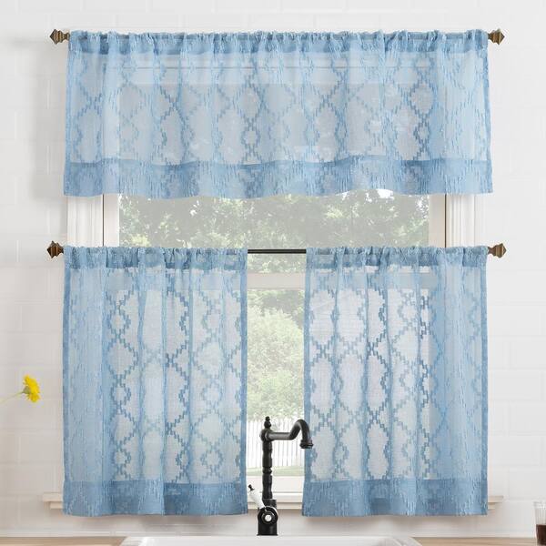 No. 918 Tina Geometric 54 in. W x 36 in. L Light Filtering Rod Pocket Kitchen Curtain Valance and Tiers Set in Tranquil Blue 61680 The Home Depot
