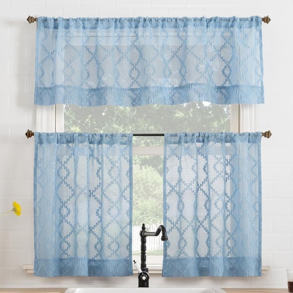 No. 918 Tina Geometric 54 in. W x 36 in. L Light Filtering Rod Pocket Kitchen Curtain Valance and Tiers Set in Tranquil Blue