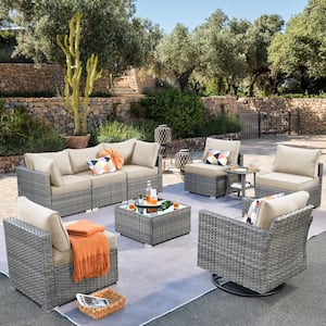 Daffodil F Gray 9-Piece Wicker Outdoor Patio Conversation Sectional Set with a Swivel Rocking Chair and Beige Cushions