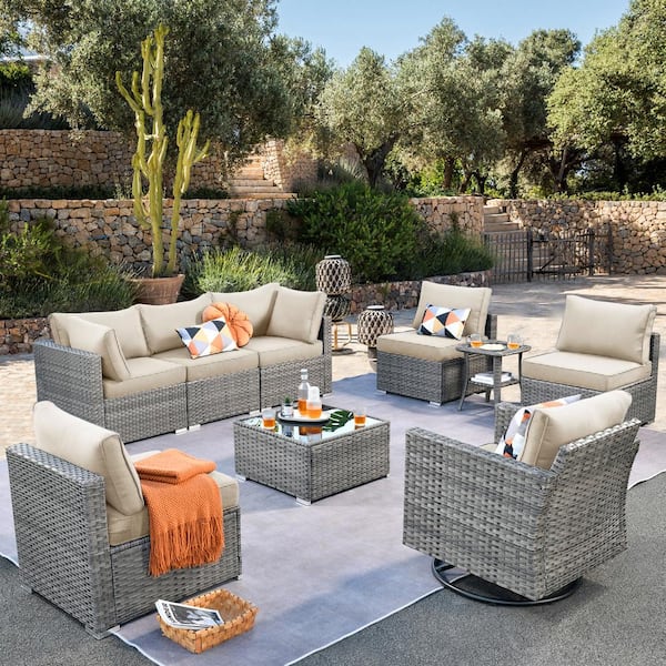 weaxty W Daffodil F Gray 9-Piece Wicker Outdoor Patio Conversation Sectional Set with a Swivel Rocking Chair and Beige Cushions