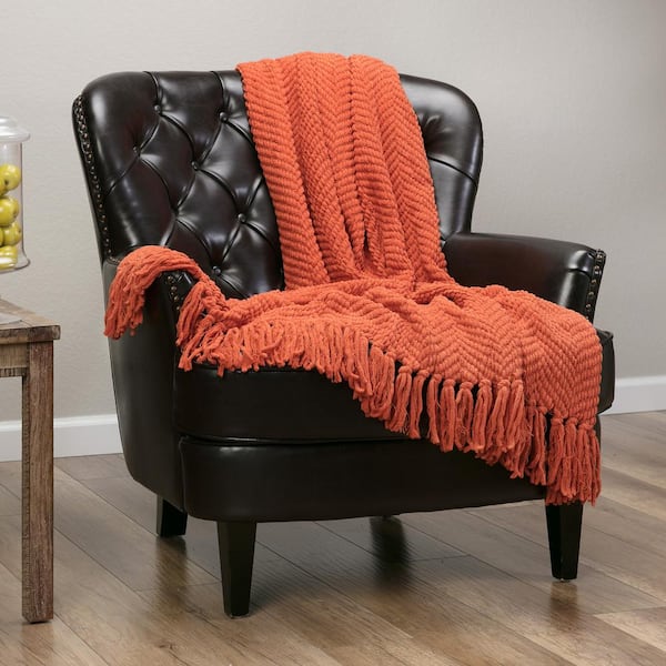 Textured Knit Rust Acrylic Polyester Throw Blanket with Tassels - 50 in. x 65 in.