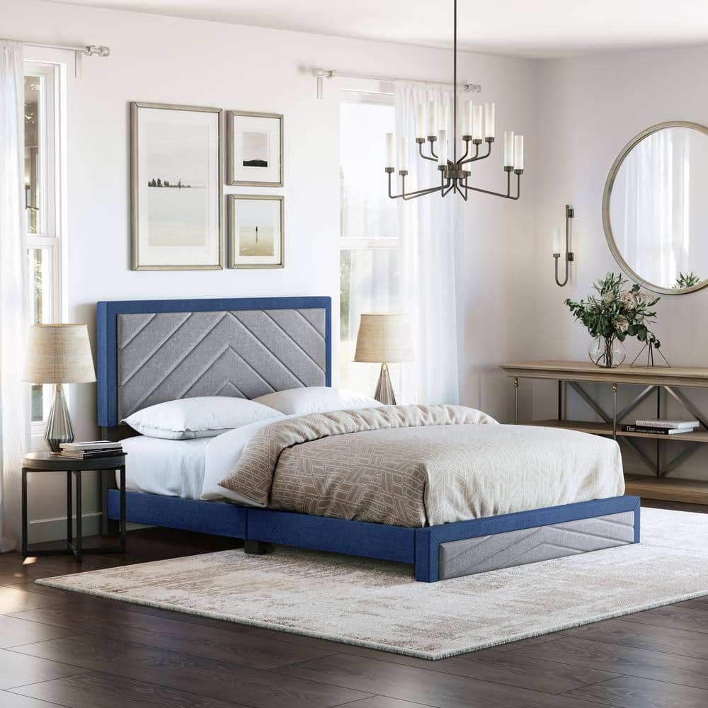 Full Size Gray Linen Upholstered Platform Bed with Tufted Headboard