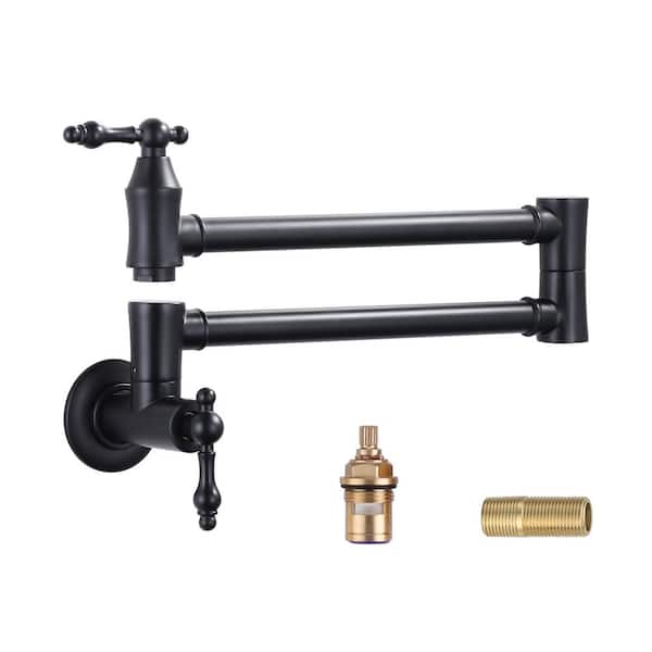 WOWOW Brass Wall Mounted Pot Filler Faucet with Double Joint Swing Arms, Commercial Kitchen Pot Faucet in Matte Black