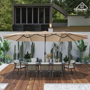 15 ft. Steel Market Patio Umbrella Double-Sided Twin Large Patio Umbrella with Base in Tan
