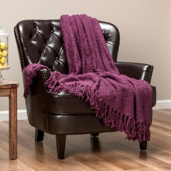 CHANASYA Fuzzy Aubergine Textured Polyester Throw Blanket with Tassels, 50 x 65 in.