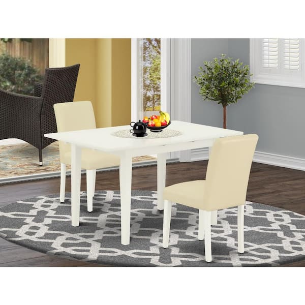 East West Furniture 3-Piece Linen White Finish Rectangular Solid Wood Top With Butterfly Leaf Dining Table Set