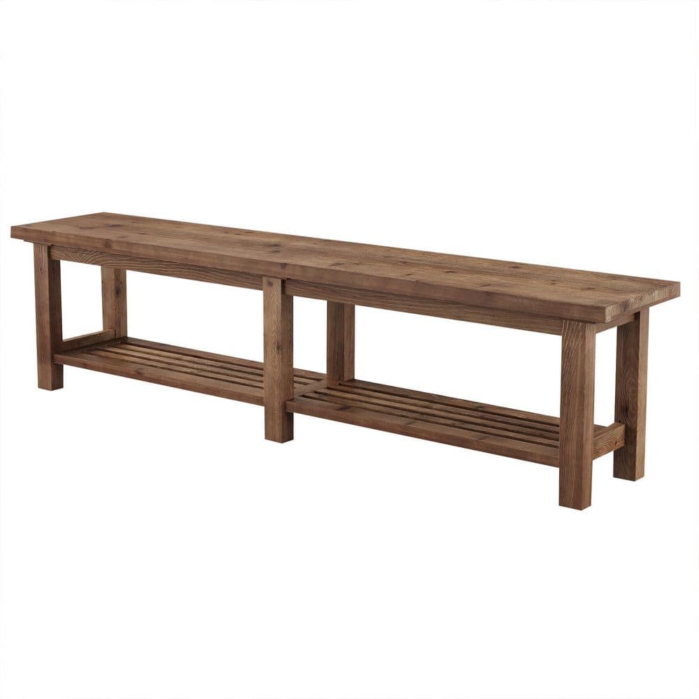 71 in. W Brown Solid Wood Shoe Storage Bench with Slatted Storage Shelf, Farmhouse Entryway Bench for Foyer Hallway
