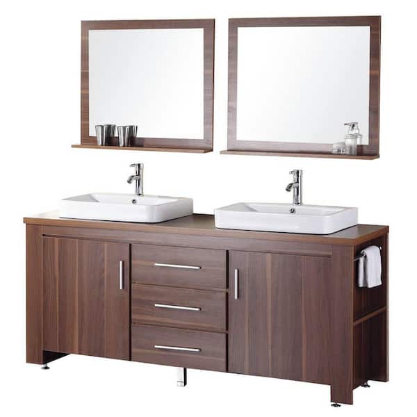 Design Element Washington 72 in. W x 22 in. D Vanity in Toffee with Wood Vanity Top and Mirror in Toffee